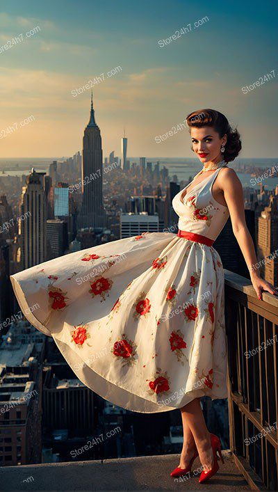 Elevated Elegance: Rooftop Pin-Up Girl’s Floral Dress