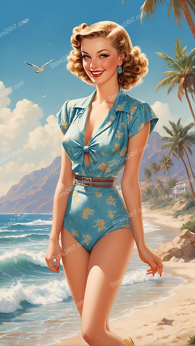 Retro Beach Day: Pin-Up Girl in Vintage Swimsuit