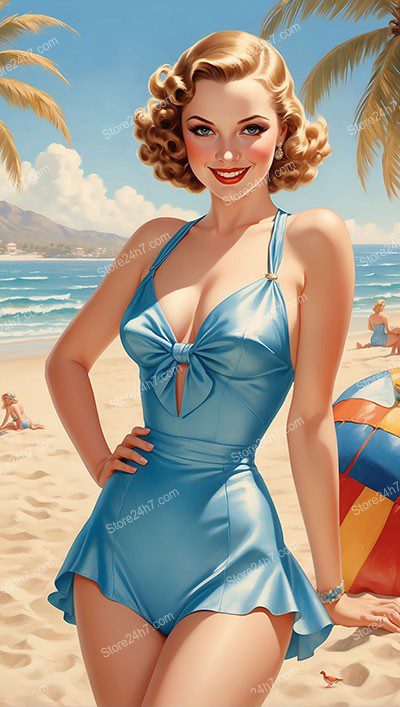 Captivating 1930s Pin-Up Beauty on Sunlit Beach