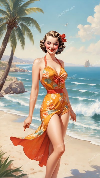 Elegant Beach Pin-Up Girl in Floral Orange Swimsuit