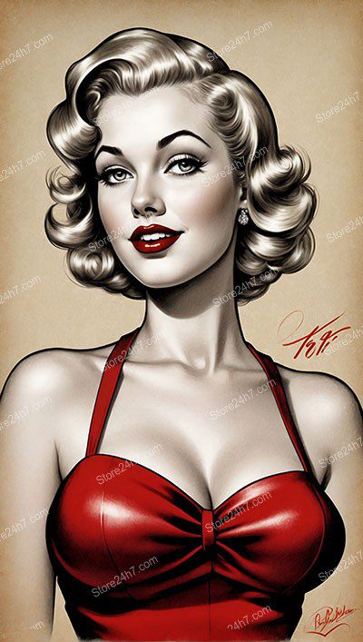 Vintage Red Dress Glamour in Classic Pin-Up Portrait