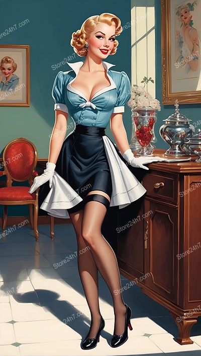 Charming 1930s Pin-Up Maid Flirting with Boss