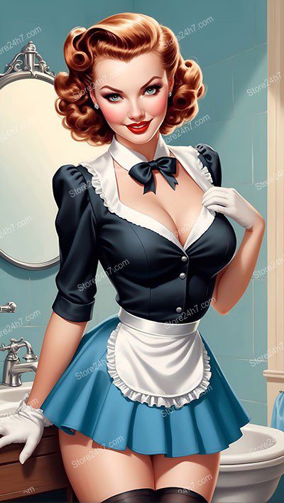 Vintage Pin-Up Maid with Classic Bathroom Backdrop