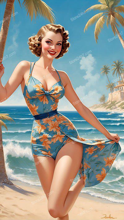 Vintage Beach Beauty in Vibrant 1930s Pin-Up Style