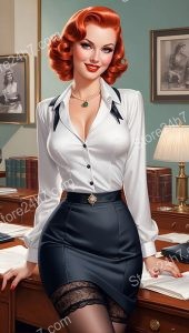 Sultry Redhead Secretary in Nostalgic Pin-Up Décor