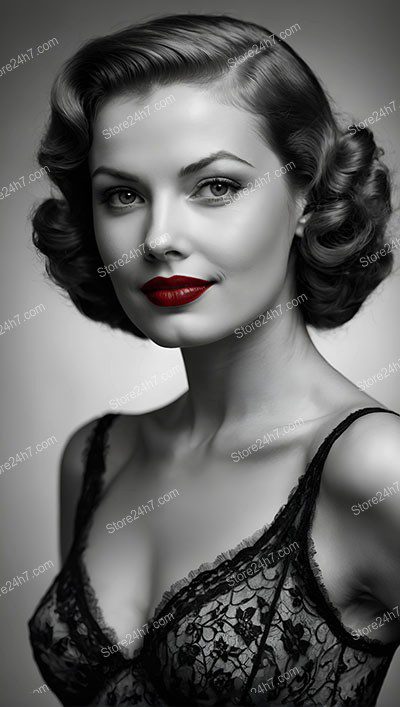 Retro Elegance: Hollywood Pin-Up with Red Lips