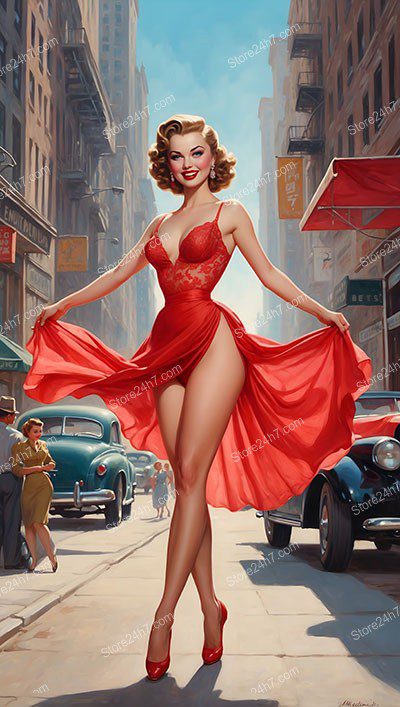 Scarlet Dress Swirls in Vintage Pin-Up Dance