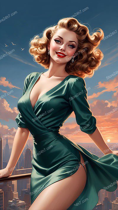 Sunset Glamour: New York Skyline with Pin-Up Model