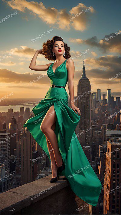 Emerald Elegance: Skyline Silhouette and Pin-Up Beauty