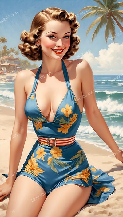 Vintage Beach Beauty in Blue Floral Swimsuit