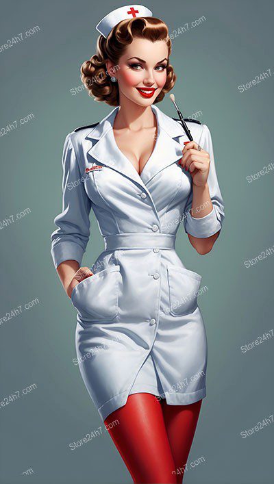 Captivating 1940s Pin-Up Nurse with Red Stockings