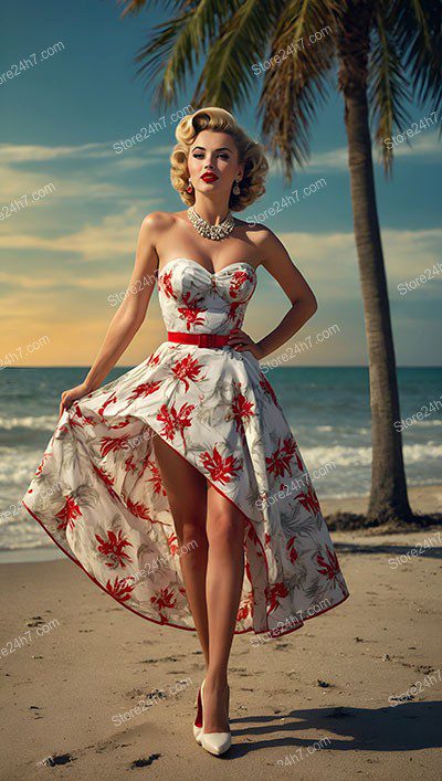 Beachside Elegance in Red and White Pin-Up