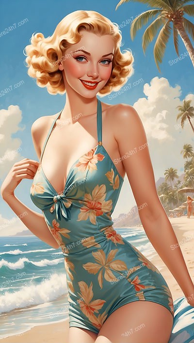 Sun-Kissed Pin-Up Girl in Floral Vintage Swimsuit