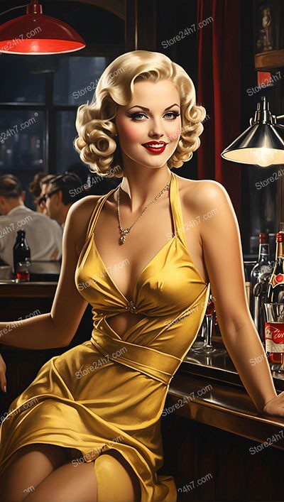 Sunlit Charm: Golden Pin-Up Lady at the Bar