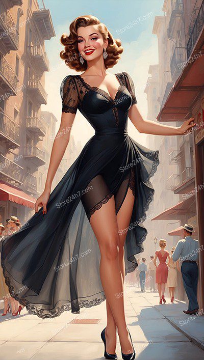 Alluring Pin-Up Star Dancing in Vintage Cityscape