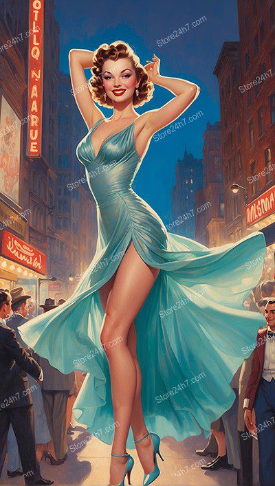 Vivacious Pin-Up Dancing in Street with Swirling Teal Dress