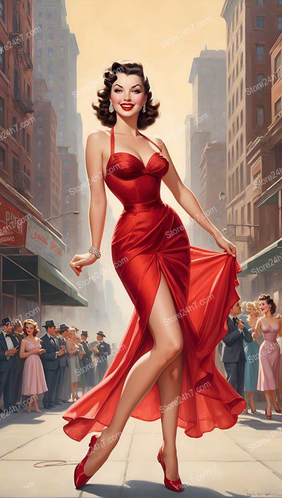 Glamorous Red Dress Dance in Vintage New York