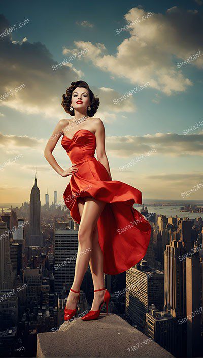 Sultry Pin-Up Beauty Overlooking New York Skyline
