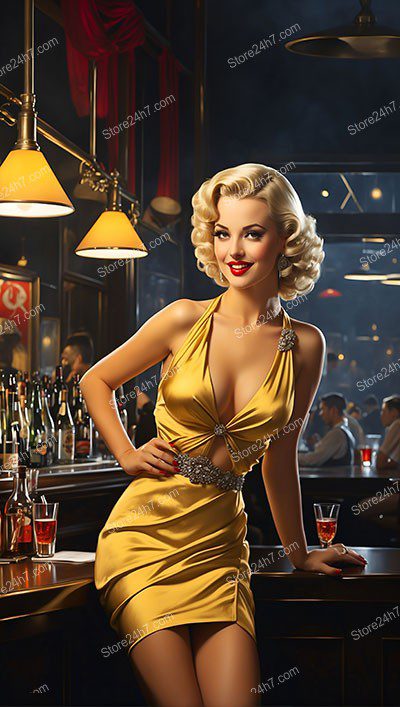 Golden Elegance at the Nighttime Bar: Pin-Up Brilliance