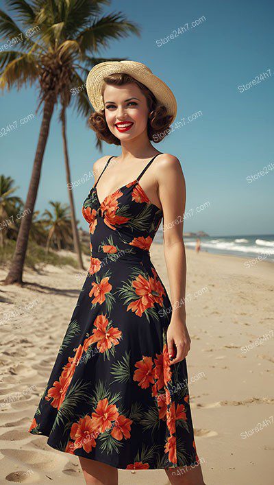 Retro Beach Elegance: Cheerful Pin-Up Beauty