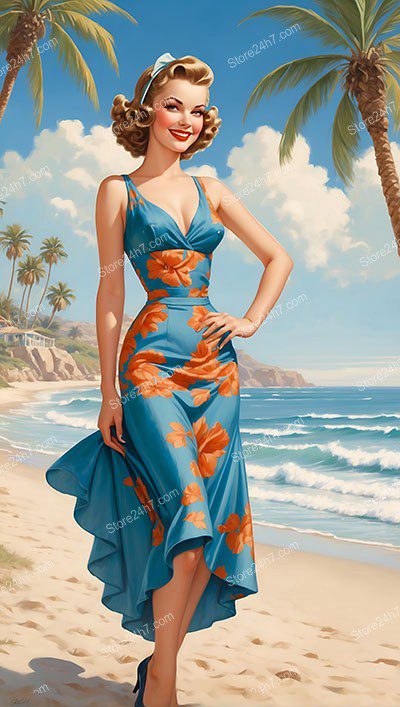 Sunlit Beauty: Timeless Pin-Up Girl on Beach