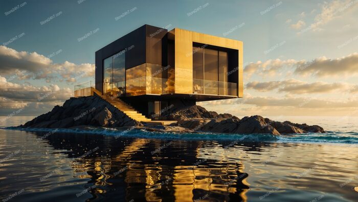 Golden Elegance: Luxurious Island Home Amidst Serene Waters