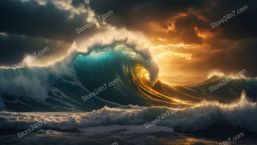 Golden Sunset and Turquoise Waves in Storm