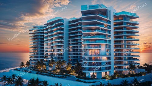 Sunset Glow Over Architectural Marvel Oceanfront Condos