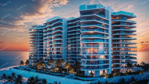 Sunset Glow Over Architectural Marvel Oceanfront Condos