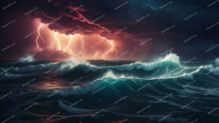 Lightning Strikes Over Turquoise Ocean Waves