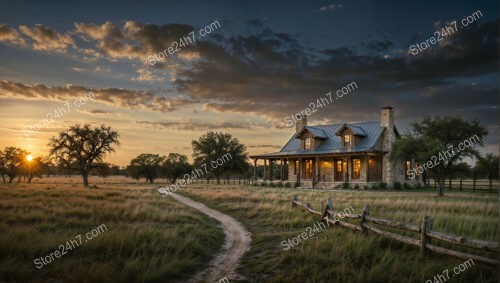 Classic Stone Ranch House at Sunset Landscape