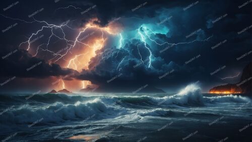 Vibrant Lightning Illuminates Stormy Ocean Waves