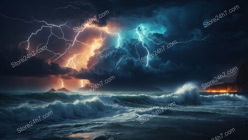 Vibrant Lightning Illuminates Stormy Ocean Waves