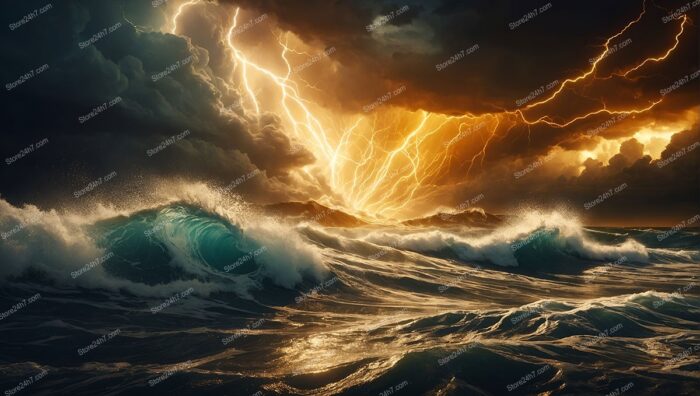 Lightning Over Turquoise Waves in Fiery Sky