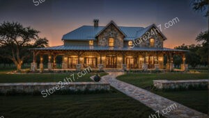 Charming Stone Ranch House with Inviting Evening Glow