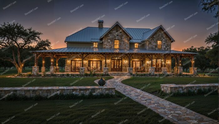 Charming Stone Ranch House with Inviting Evening Glow