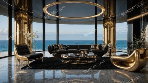 Golden Elegance with Ocean View in Luxurious Living Room