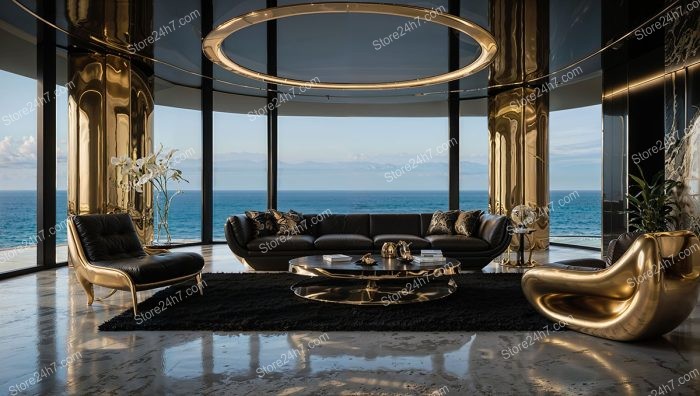 Golden Elegance with Ocean View in Luxurious Living Room
