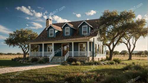 Charming Blue Ranch House with White Trim Accents