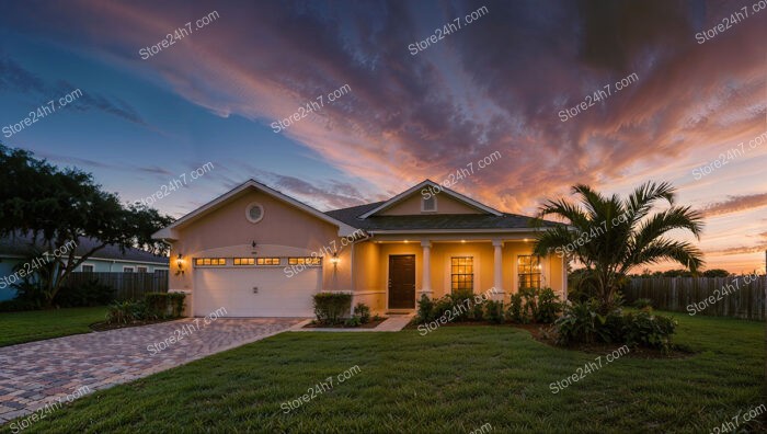 Sunset Glow Over Charming Florida Single Family Home