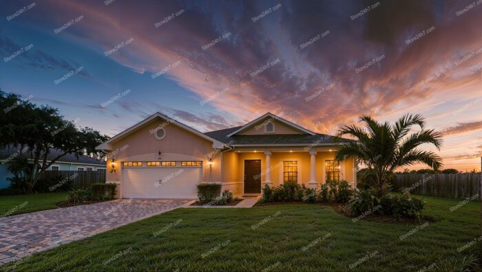 Sunset Glow Over Charming Florida Single Family Home