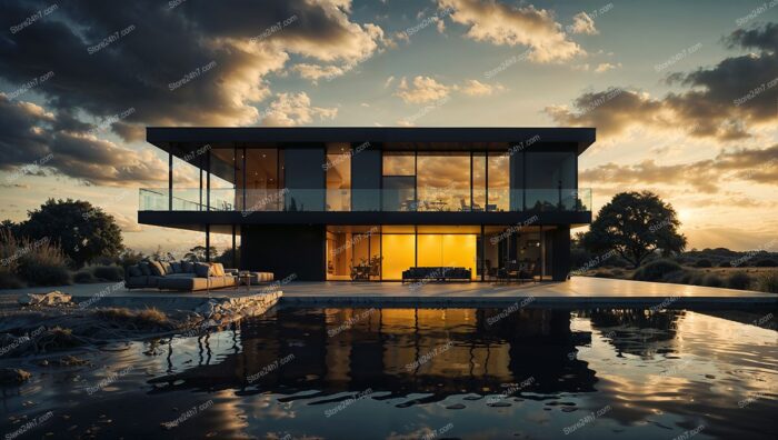 Golden Sunset: Modern Home's Reflection in Serene Waters