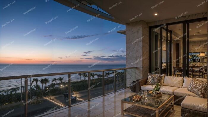 Luxurious Beachfront Condo Living Room with Ocean Sunset View