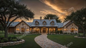 Charming Stone Ranch House with Beautiful Evening Sky
