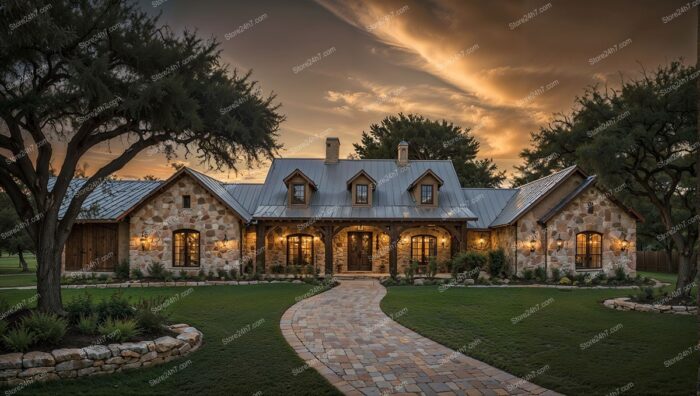 Charming Stone Ranch House with Beautiful Evening Sky