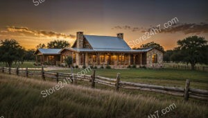 Rustic Stone Ranch House at Sunset with Fence