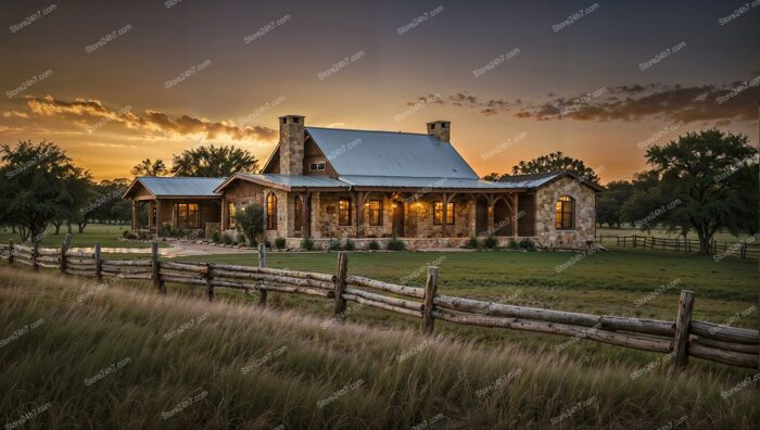 Rustic Stone Ranch House at Sunset with Fence