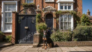 Elegant London House with Doberman at Entrance Gate