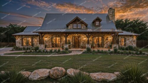 Beautiful Stone Ranch House at Sunset Glow