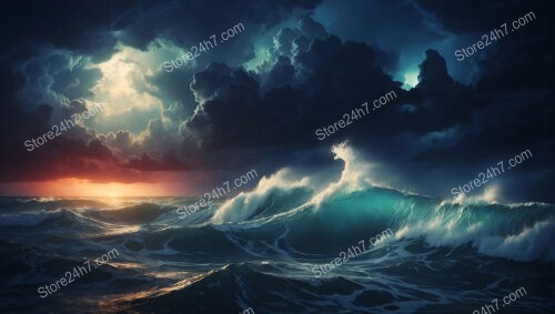 Stormy Ocean Scene: Sunset and Turquoise Waves